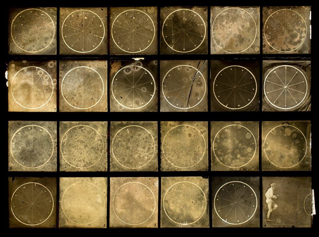 Sequenced image of a rotating sulky wheel / self portrait of Muybridge